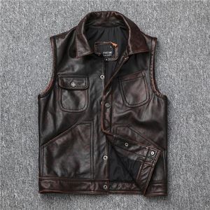 Men's Vests Biker Mens Vintage Motorcycle Brown Real Leather Vest High Quality Genuine Waistcoat Cowhide Sleeveless Jacket