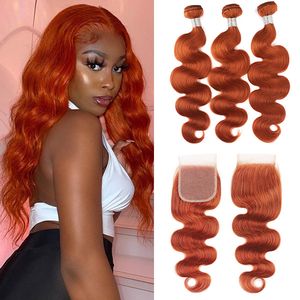 Ishow Brazilian Virgin Weave Extensions Body Wave 8-28inch For Women #350 Straight Wefts Orange Ginger Color Human Hair Bundles with Closure Peruvian