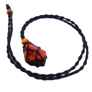 Natural Crystal Stone Smooth Red Jasper Necklace Pendant Healing Jewelry Charms Handmade Retro Net Pocket Braid Rope