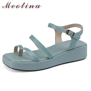 Meotina Tanga Sandalen Schuhe Frauen Echtes Leder Sandalen Flache Plattform Sandalen Quadratische Zehe Schaffell Damen Schuhe Blau 210608