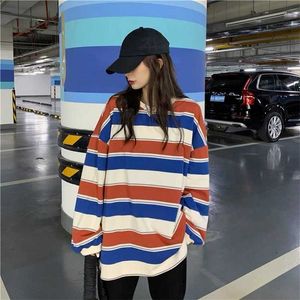 Houzhou Hoodies Striped Sweatshirt Streetwear women harajuku offerize pullover韓国のファッションカップ