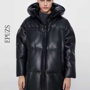 Winter coat Hooded Padded PU parka women Faux leather down jacket female loose zipper overcoat casual warm long coats 210819