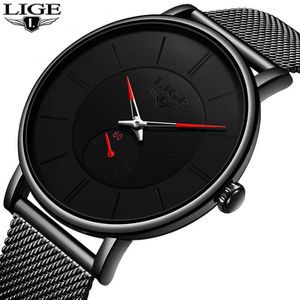 男性Ligeメンズを見るトップブランドラグジュアリー有名なドレスファッションシンプルな時計ステンレススチールメッシュバンドクォーツ腕時計210527