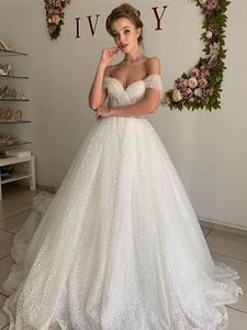 Glitter Tulle Dotted A Line Princess Wedding Dress Off Shoulder Sweep Train Bride Dresses 2021 Elegant Long Plus Size Bridal Gowns US2 US26W