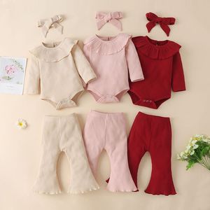 Baby Mädchen Kleidungsset Gerippte Baumwolle Lässige Outfits Langarm Rüschenkragen Tops Strampler Schlaghosen Stirnbänder Kleinkind Säuglingsanzüge M3932