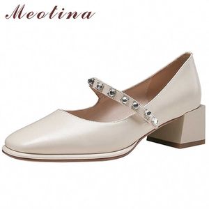 Meotina Med Tacchi in vera pelle Mary Janes Scarpe da donna Décolleté in cristallo con tacco spesso Scarpe con punta quadrata Calzature femminili Marrone Taglia 40 210608