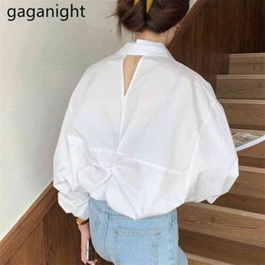 Camisas mulheres manga comprida blusa tops sólido branco colarinho collar ol camisa de volta oco para fora feminino frouxo bluses 210601