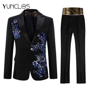 YUNCLOS EU Size Men Applique Suit Party Dress 2 PiecesBowtie) Tuxedos Slim Fit Masculino Luxury Diamond Wedding Party Suits X0909