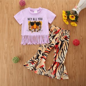 デザイナー1-6Y夏の子供女の子服セット2本の花動物プリント半袖タッセルTシャツフレアパンツ