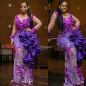 Plus Size Elegante Roxo Vestidos de Noite de Renda Appliques Ruffles Promôvido Personalizado Feito Formal Party Manga Comprida Comprimento do Assoalho Vestido de Novia