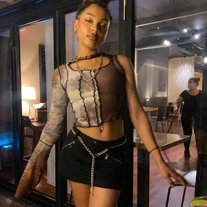 Sexy Single Side Sleeve Reverse Stitch Crop Top für Frauen Langarm Rundhals Short Cut T-shirt 2020 Dame Party tragen Y0629