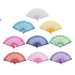 Lace Dance Fan Fashion Gift Rose Flower Design Plastic Frame Bronzing Silk Decoration Chinese Craft Folding Fans Holiday Gifts RRF14176