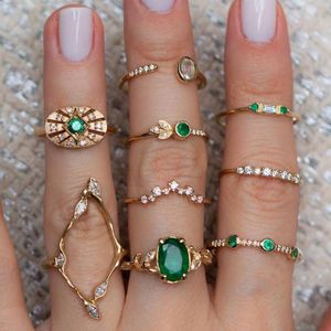 Cluster Rings 9 Pcs/set Bohemian Green Crystal Geometry Crown Flower Heart Star Opal Joint Set For Women Party Jewelry Gold Finger