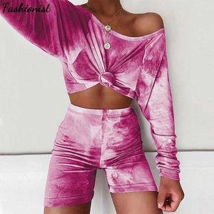 Tie Dye Kolorowe Drukuj 2 Piece Set Lato Gradient Kolorowe Długie Rękawki Szerokie Szorty Nogi Spodnie Zestaw Kobiety Dres Streetwear 210709