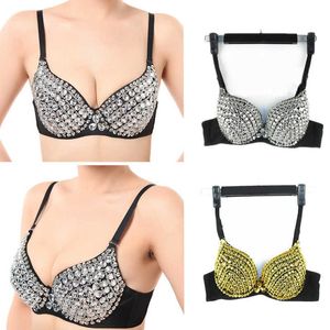 High Quality Sexy Bra Push Up Luxury Sequined Bra Lady Silver/Gold Punk Studded Sponge Dance Bras For Party 210623