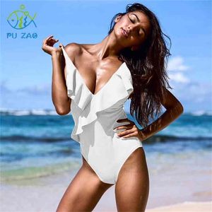 Ruffled Swimsuit Solid Color High Waist Sling Quick-drying Swimwear Beach Push-up Backless Bathing Women 210702