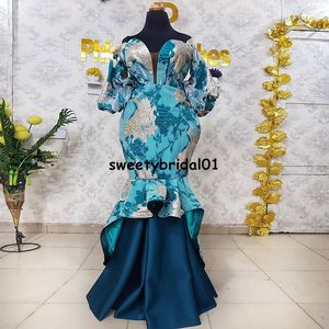 Afrikansk Aso Ebi Mermaid Prom Dress Blue Off Shoulder Print Flowers Nigerian Prom Gowns Party Evening Dresses