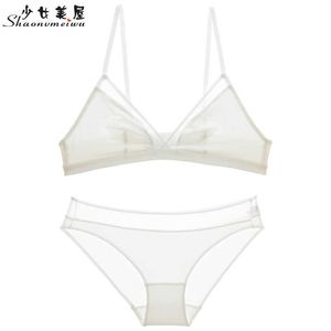 Briefs Panties shaonvmeiwu Super thin French sexy underwear simple triangle cup white bra set without underwire small breast bra L2404