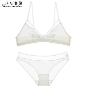 Slip Mutandine shaonvmeiwu Super sottile francese biancheria intima sexy semplice triangolo tazza reggiseno bianco set senza ferretto reggiseno seno piccolo L2404