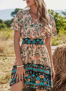 Boho Floral Imprimir Verão Beach Dress Mulheres Manga Curta V Pescoço Cintura Alta Cintura Espanhola Vestidos de Moda Senhoras Roupas A linha 210625