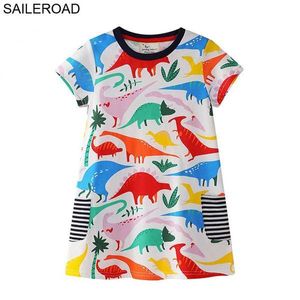 SAILEROAD 2-7Years Cartoon Dinosaur Baby Girls Tops Tees Dress For Summer Children Kids Girl's Clothes Cotton Meninas Vestido Q0716