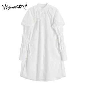 Yitimuceng Vit Klänningar Kvinnor Lace Up Puff Sleeve Stativ Hög Midja A-Line Kläder Solid Spring Koreansk Fashion Dress 210601