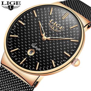 Ligeファッションの男性は上のブランドの高級超薄いフルスチールクォーツ時計の男性カジュアルな防水スポーツ時計レリーゴマスキュリノ210527