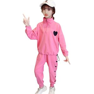 女の子スポーツ服ハートパターンガールスウェットシャツ+ズボン衣料品カジュアルスタイルの子供210527