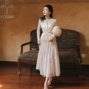 Yosimi 2ピース衣装ベージュレースドレス夏Vネックフルスリーブシャツトップとロングメッシュスカート2セット210604