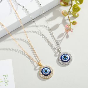 Renkli Türk Kristal Evil Mavi Gözler Kolye Kolye Altın Gümüş Renk 14mm Geometrik Dairesel Sikke Klavikula Kolye Kadınlar Kızlar için Şanslı Koruma Takı