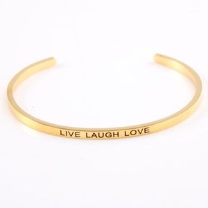 Live skratt kärlek rostfritt stål graverade positiva inspirerande citat manschett mantra armband armband för älskare