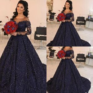 2021 Ny Sexig Navy Blue Ball Gown Quinceanera Klänningar Juvel Neck Full Lace Crystal Beading Långärmad Party Prom Dress Evening Gowns