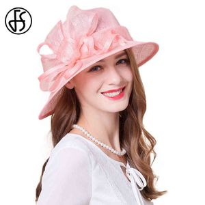 FS Fascinators Sinamay Church Pink Black Beige White Wedding Hat For Women Elegant Wide Brim Fedoras Flower Ladi Hats