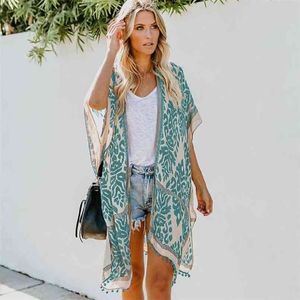Bohemian Tryckt V-nacke Half Sleeve Plus Size Beach Wear Kimono Cardigan Tunika Kvinnor Toppar och Blusar A367 210722