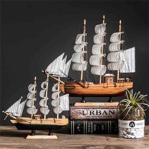 With LED Light Caribbean Black Pearl Sailing Boats Wooden Sailboat Model Home Decoration Accessories for Living Room 210727