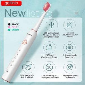 Gollinio Sonic Elektrikli Diş Fırçası GL41E Akıllı Diş Fırçası USB Hızlı Şarj Elektronik Diş Kılıfı Yedek Kafa Seti 220224