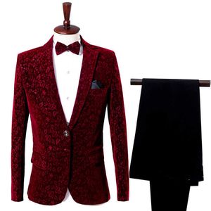 Erkek 2-piece Klasik Fit Tek Göğüslü 1 Düğmeler Blazer Pantolon Şal Yaka Kadife Erkekler Parti Düğün Smokin Suits X0909