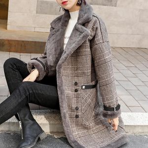 Kvinnorsullblandningar 2021Yocalor Plaid Faux Läder Fur Parka Coat Kvinnor Jacka Höst Vinter Lamm Kvinna Overcoat Ytterkläder Coats