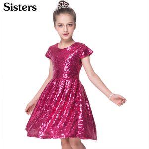 SISRERS INS Mode Mädchen Kleid Pailletten Kurzarm Kleid Party Kleid Glänzende Prinzessin Boutique Kleidung Goldene Rose Rot Q0716