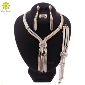 African Jewelry Sets for Women Fashion Gold color Tassel Necklace Earring Ring Bracelet Jewellery Set H1022