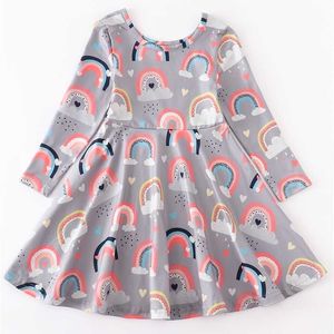 Girlymax baby flickor chlidren barn kläder mjölk silke regnbåge twirl klänning knä längd långärmad 211231