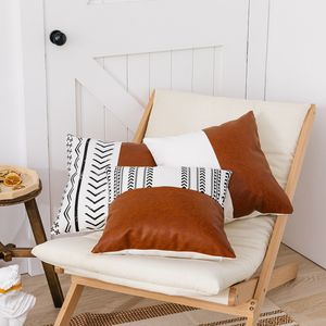 Корпус наволочки Новый Pu Stitching Cotton Canvas Printed Pillowcover Nordic Simple Double Leather Dofa Coash