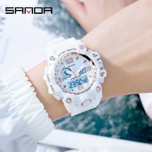 Sanda 로즈 골드 화이트 스포츠 여성 시계 패션 LED 디지털 숙녀 시계 여성 Montre Homme Relogio Feminino Dourado # 842 Q0524