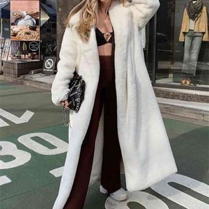 Lautaro Winter Long White Fluffy Warm Oversized Faux Fur Coat Kvinnor med huva Lapel Sashes Loose Korean Fashion OuterWear 210910