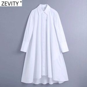 Zevity Kobiety Moda Odwróć Kołnierz Single Breasted White Shirt Sukienka Office Ladies Casual Luźne Biznes Vestido DS5043 210603