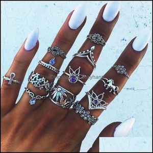 Band Ringar Smycken Mode Forntida Sier Guld Knuckle Ring Set Flower Horse Crown Stacking Midi 13PCS / Set S341 Drop Leverans 2021 ZVCXW