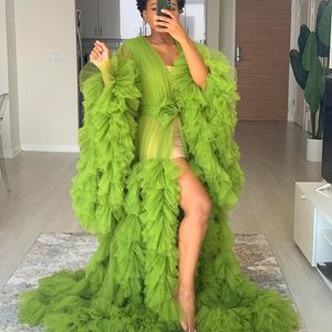 Green Illusion Sleepwear Ruffles Tulle Long Sleeve Women Celebrity Dress Sexy Kimono Pregnant Party Sheer Nightgowns