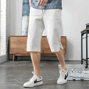 M-5XL Elastic Waist Cropped Trousers Men Streetwear Linen Pants Men Plus Size Fashion Linen Capri Pants Casual Man XXXXXL X0723