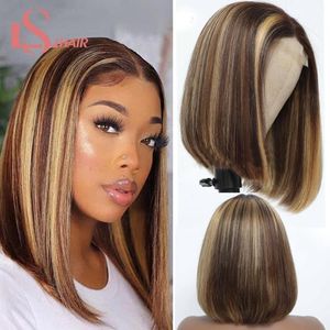 Кружевные парики Ls Hair P4 / 27 Короткие Боб Закрытие Парик Человеческий бразильский 4x4x1 T Часть для женщин Предварительно сорванный реми