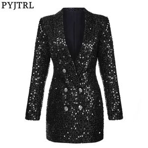 PYJTRL Fashion Women Shawl Lapel Shiny Sequins Suit Jacket Female Double-breasted Long Coat Slim Fit Blazers Autumn Clothes 211019